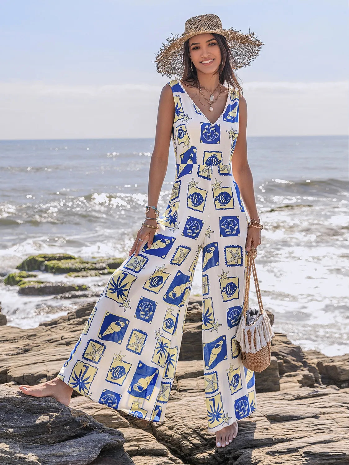 Printed V-Neck Wide Leg Jumpsuit Trendsi