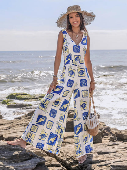 Printed V-Neck Wide Leg Jumpsuit Trendsi