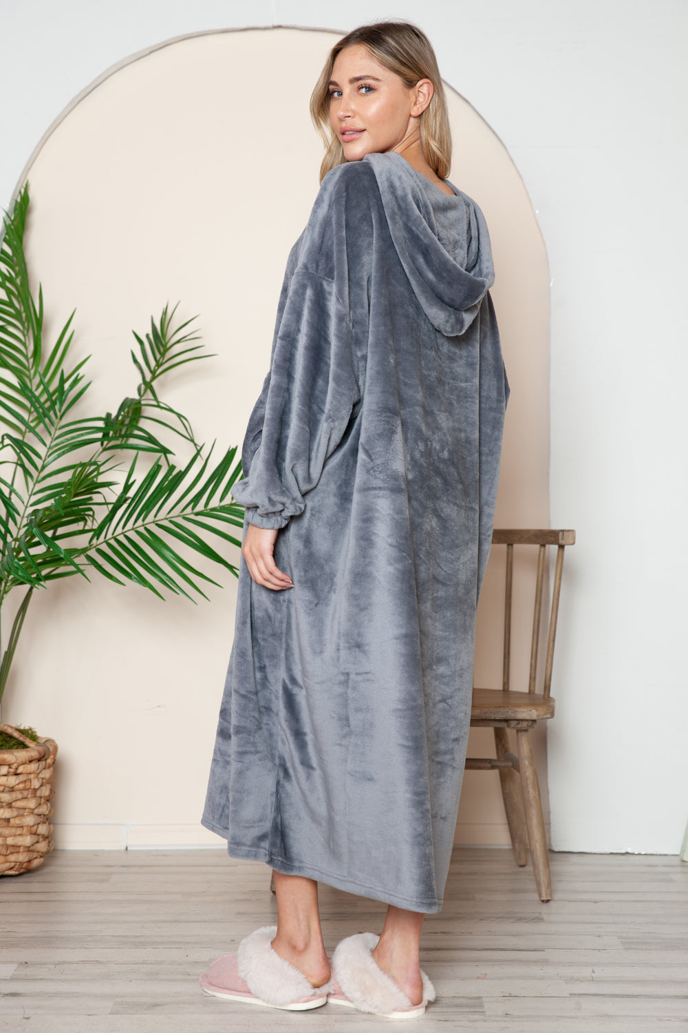Full Size Pocketed Hooded Midi Lounge Dress Trendsi