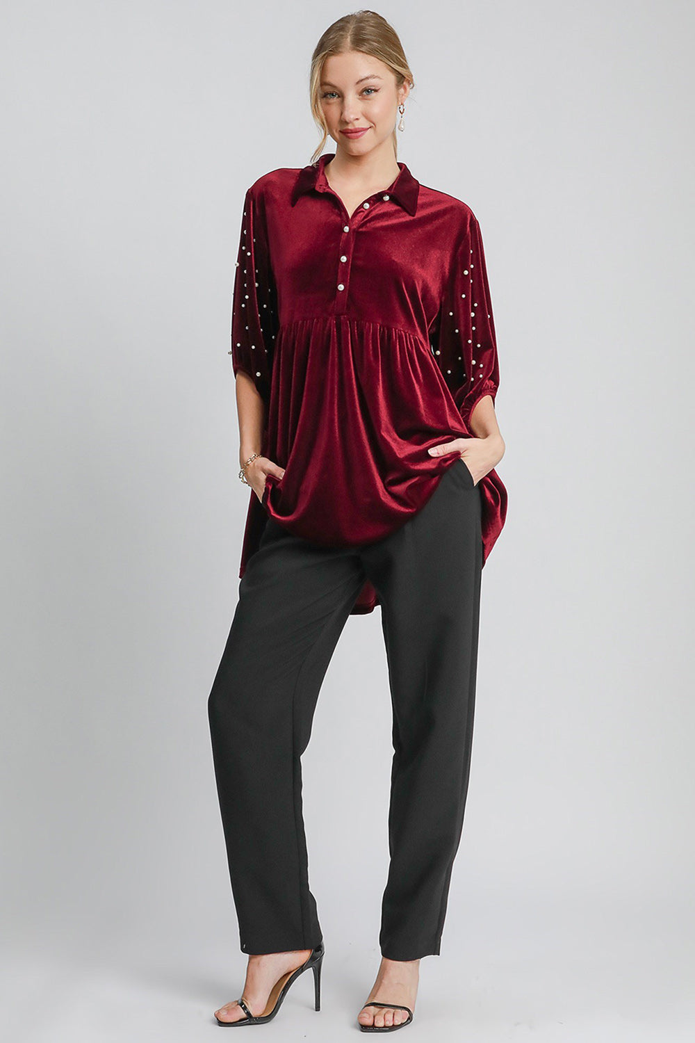 Umgee Pearl Detail Collared Neck Velvet Babydoll Blouse Trendsi