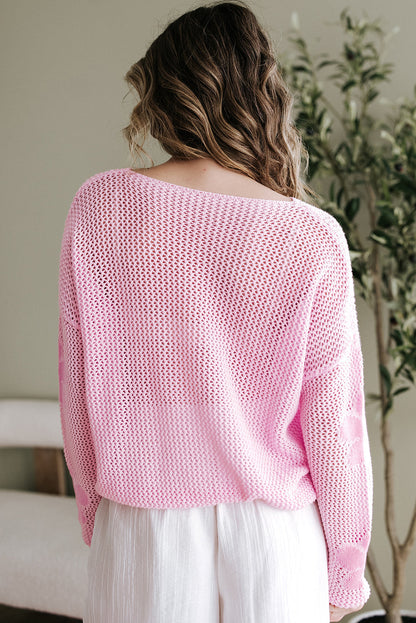 Dulce Big Flower Hollowed Knit Drop Shoulder Sweater  DAME BOHEME
