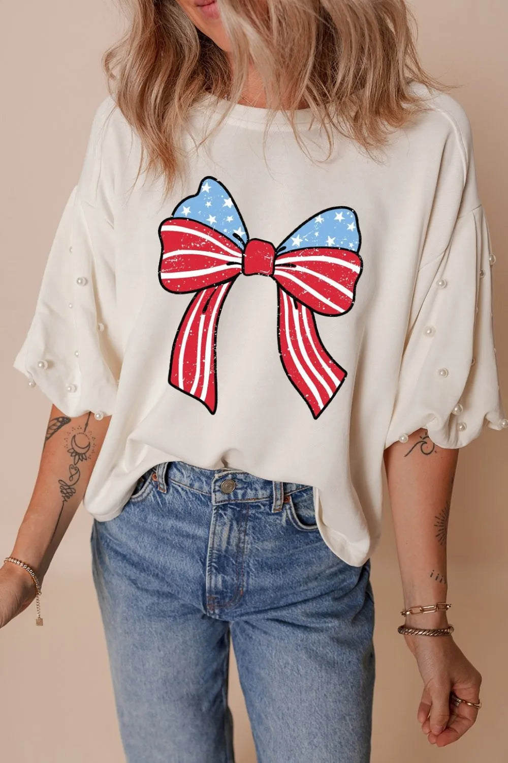 Bowknot Graphic Pearl Puff Half Sleeve T Shirt  DAME BOHEME