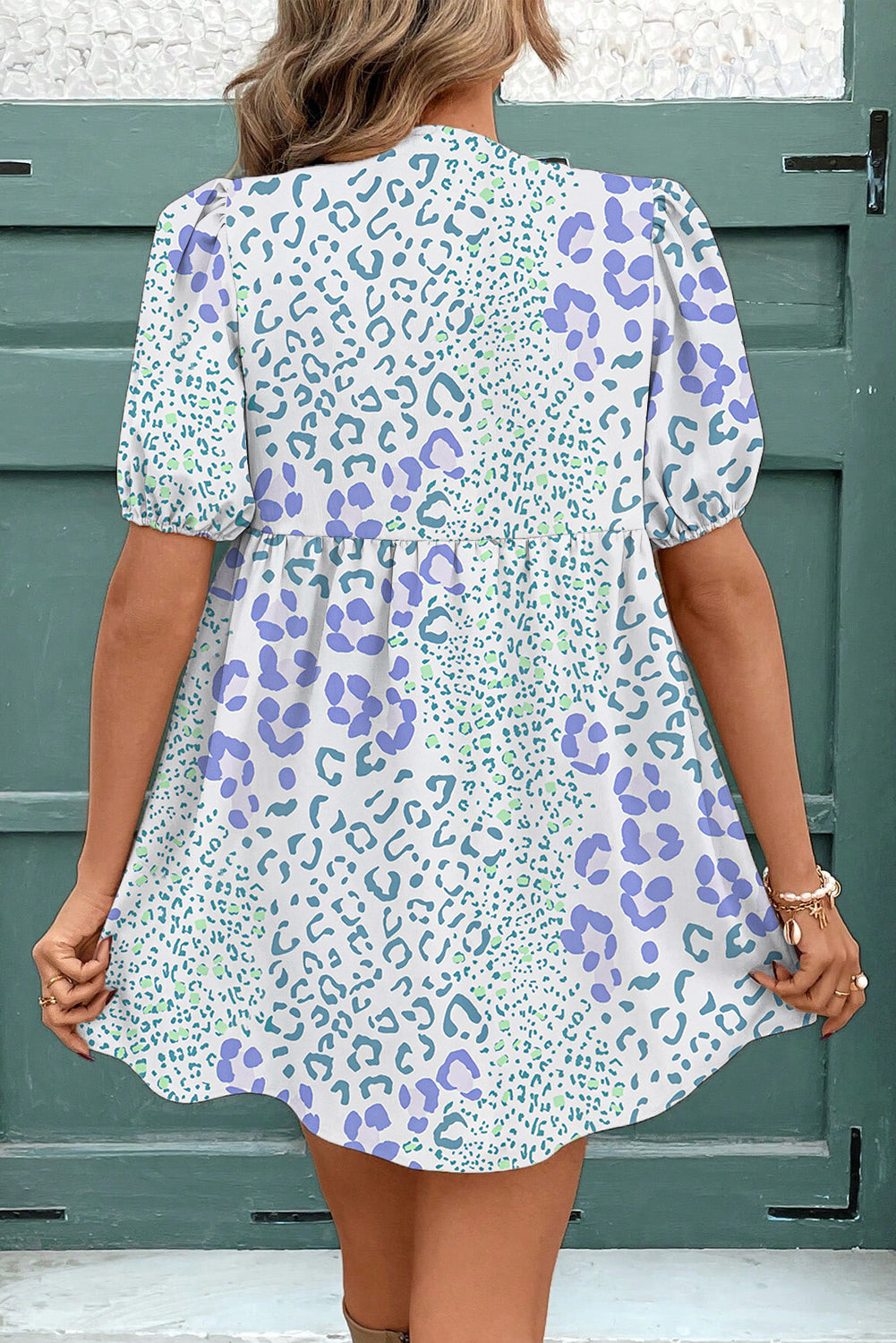 Sky Blue Leopard Bow Front Puff Sleeve Mini Dress  DAME BOHEME