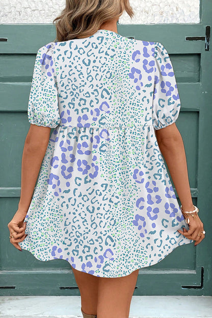 Sky Blue Leopard Bow Front Puff Sleeve Mini Dress  DAME BOHEME