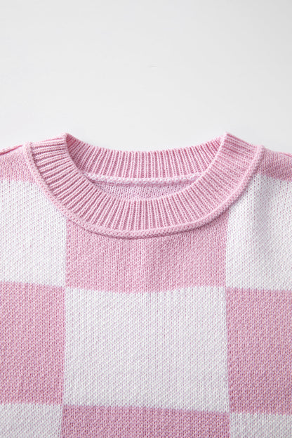 Pink Checkered Bishop Sleeve Sweater  DAME BOHEME