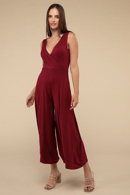 Surplice Neckline Sleeveless Midi Flared Jumpsuit ZENANA