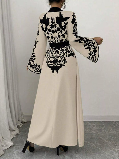 Printed Tie Waist Elegant Maxi Dress