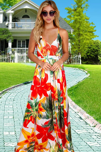 Crisscross Printed Surplice Cami Maxi Dress Trendsi
