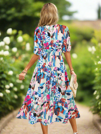 Ruched Roses Surplice Short Sleeve Dress Trendsi