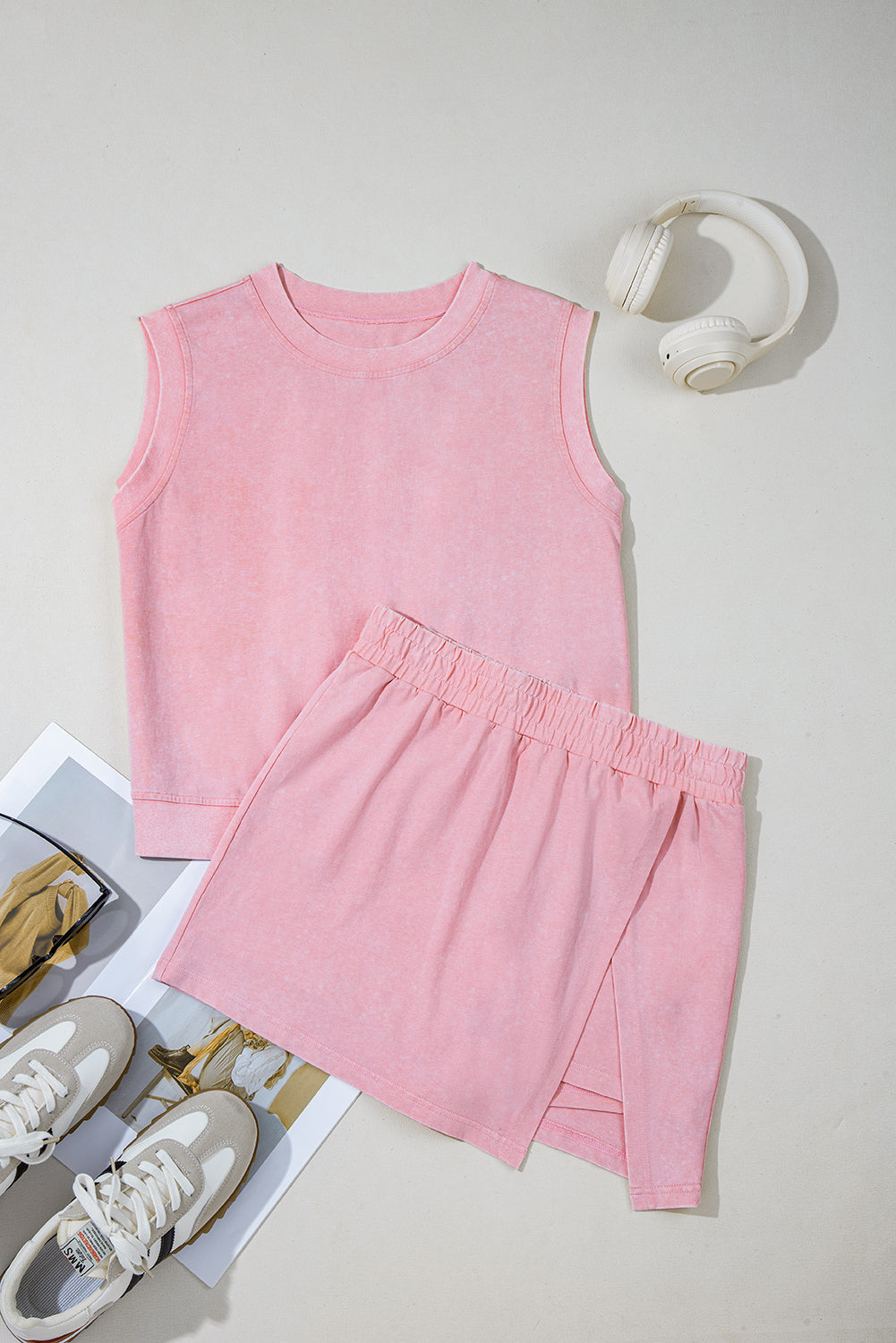 Aria 2 Pieces Mineral Wash Cotton Tank Top Lined Split Skirt Set  DAME BOHEME