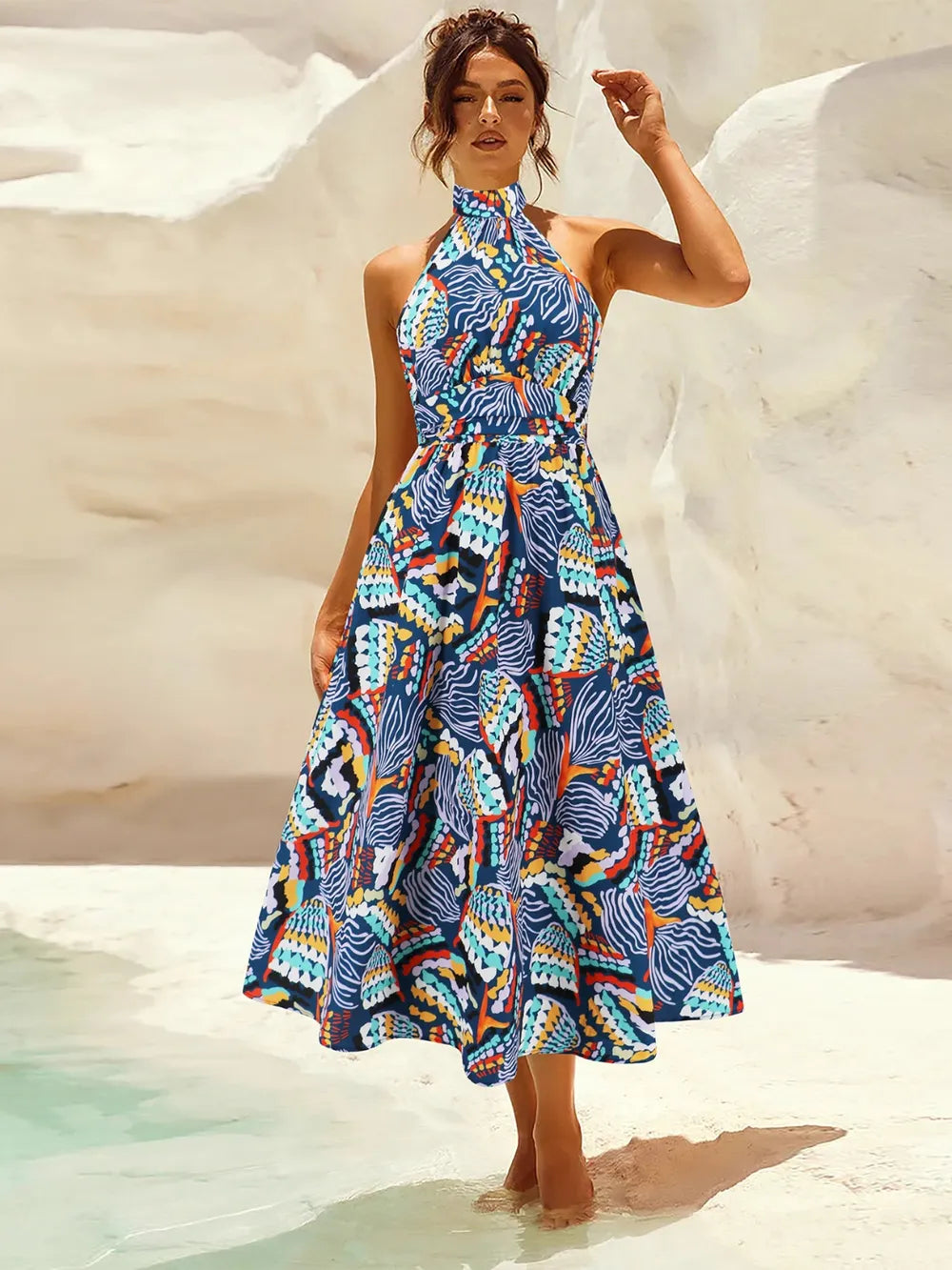 Ruched Printed Halter Neck Midi Dress Trendsi