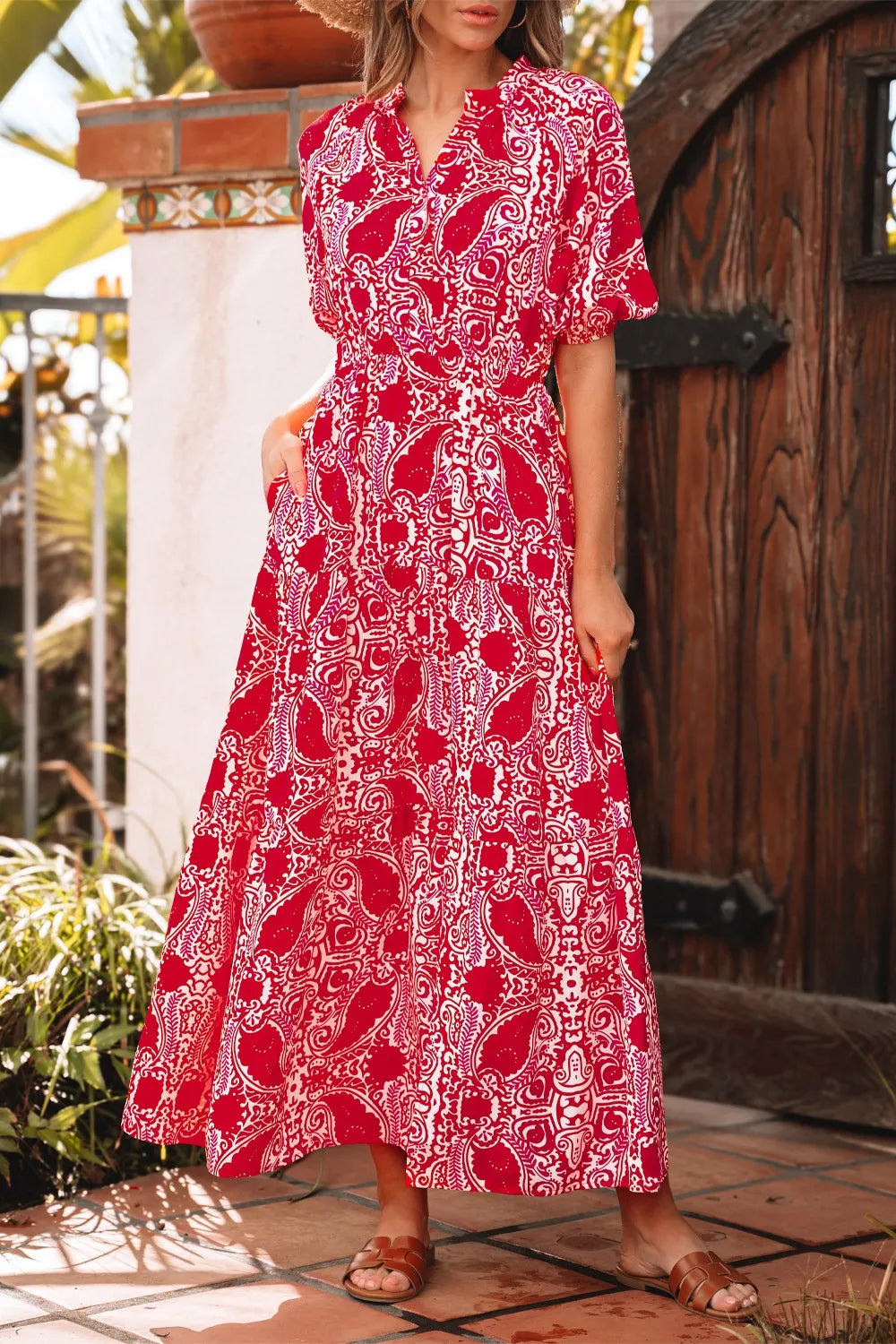 Paisley Print Side Slit Puff Sleeve High Waist Maxi Dress  DAME BOHEME