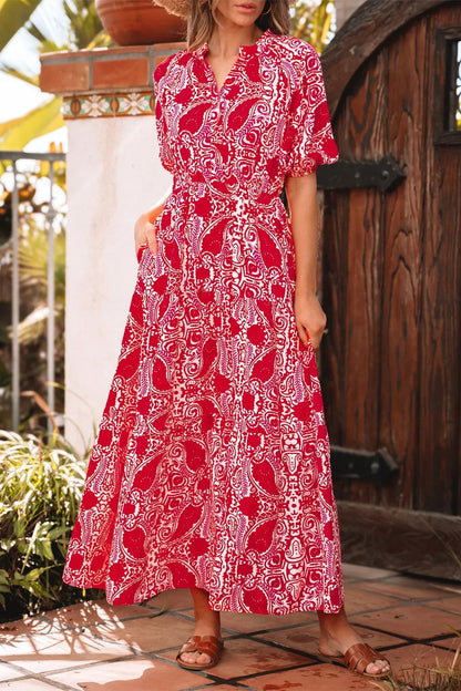 Paisley Print Side Slit Puff Sleeve High Waist Maxi Dress  DAME BOHEME