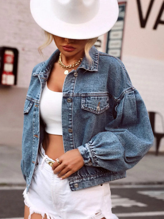 Collared Neck Dropped Shoulder Denim Jacket Trendsi