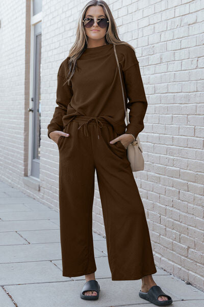 Double Take Full Size Textured Long Sleeve Top and Drawstring Pants Set  DAME BOHEME
