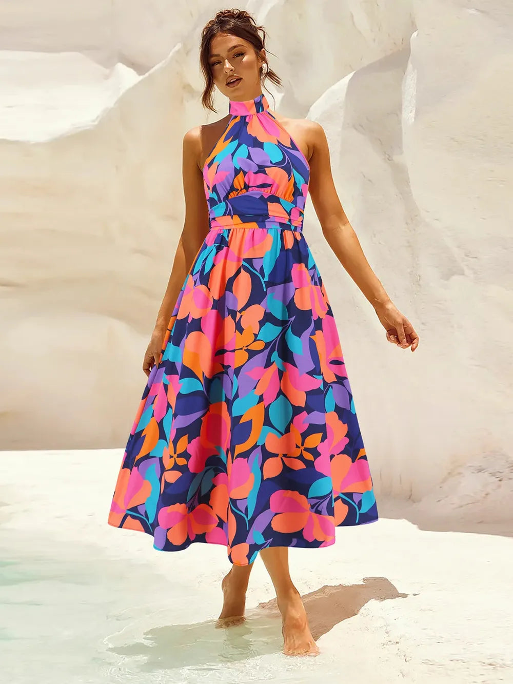 Ruched Printed Halter Neck Midi Dress Trendsi