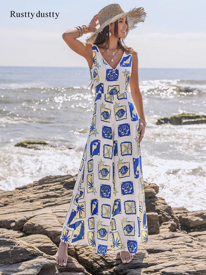 Printed V-Neck Wide Leg Jumpsuit Trendsi