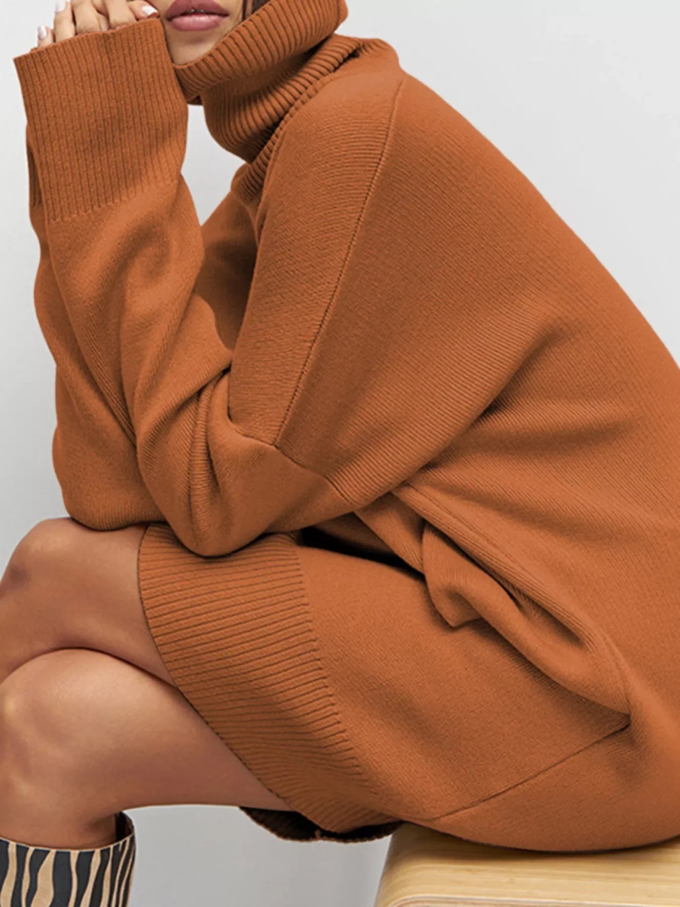 Solid Color Turtleneck Drop Shoulder Loose Sweater Dress  DAME BOHEME