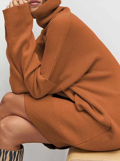 Solid Color Turtleneck Drop Shoulder Loose Sweater Dress  DAME BOHEME