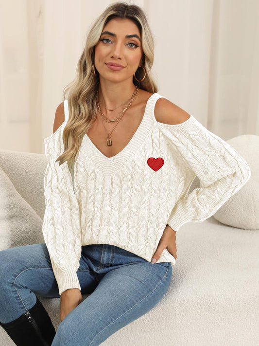 Cable-Knit Heart V-Neck Sweater  DAME BOHEME