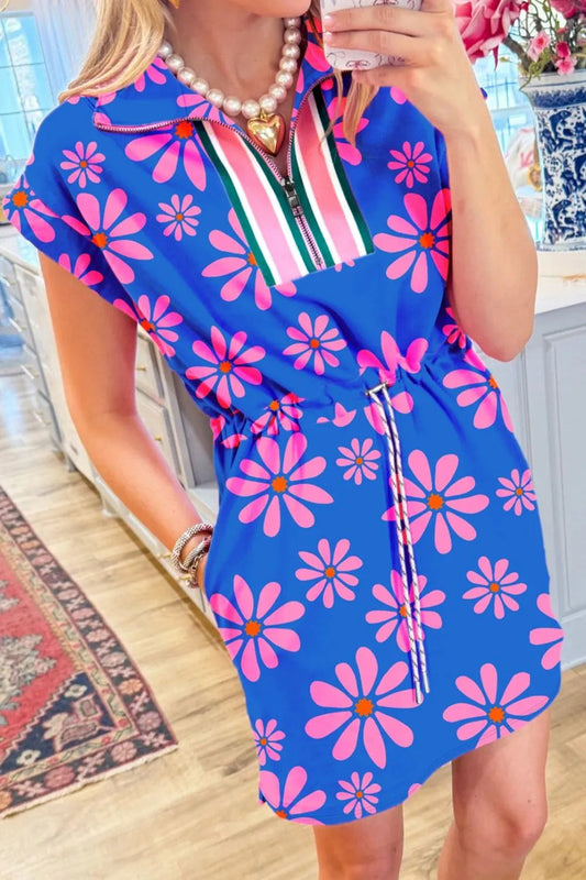 Floral Print Zip Collar Drawstring Summer Mini Dress Trendsi