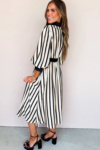 Black Stripe 3/4 Puff Sleeve Shirt Style Button Down Midi Dress  DAME BOHEME