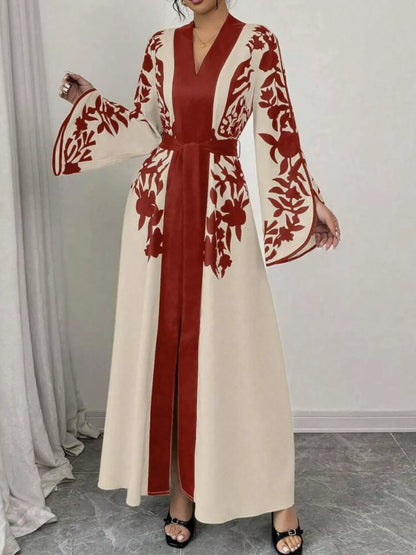 Printed Tie Waist Elegant Maxi Dress