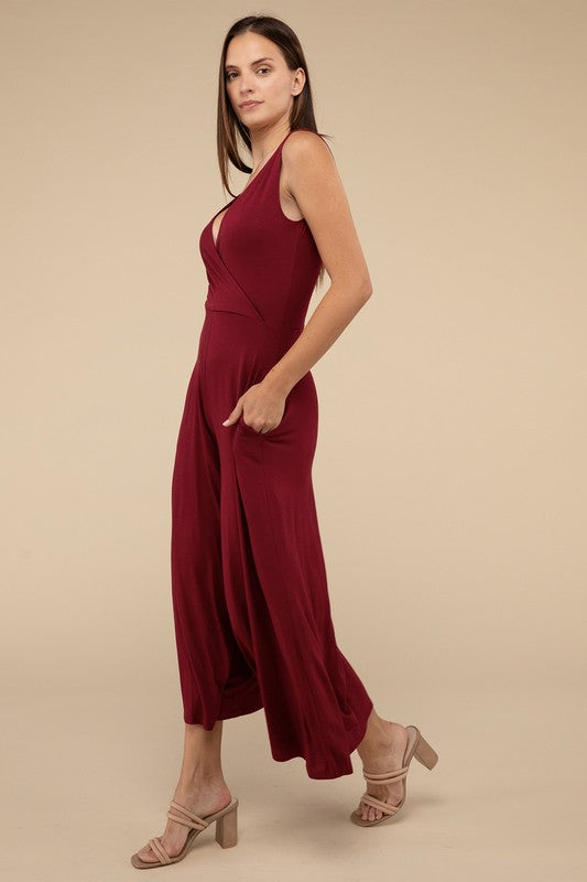 Surplice Neckline Sleeveless Midi Flared Jumpsuit ZENANA