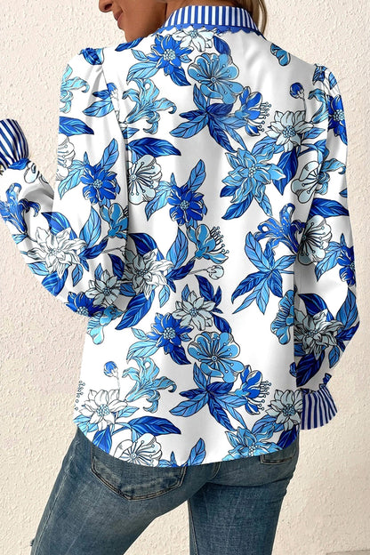 Sky Blue Floral Print Striped Patchwork Long Flounce Sleeve Ricrac Trim V Neck Blouse  DAME BOHEME