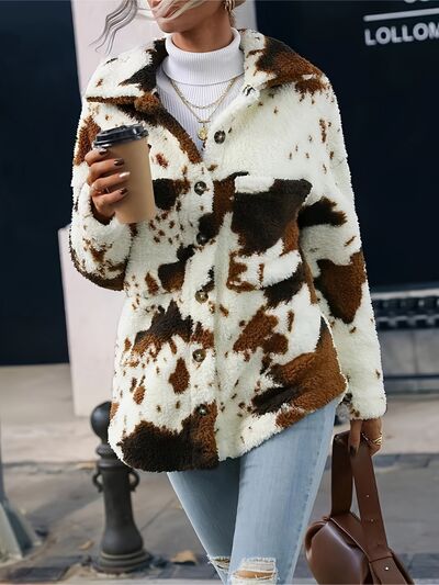 Cow Print Collared Neck Button Up  Jacket  DAME BOHEME