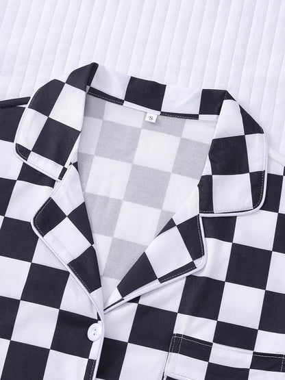 Checkered Print Button Up Top and Shorts Lounge Set  DAME BOHEME