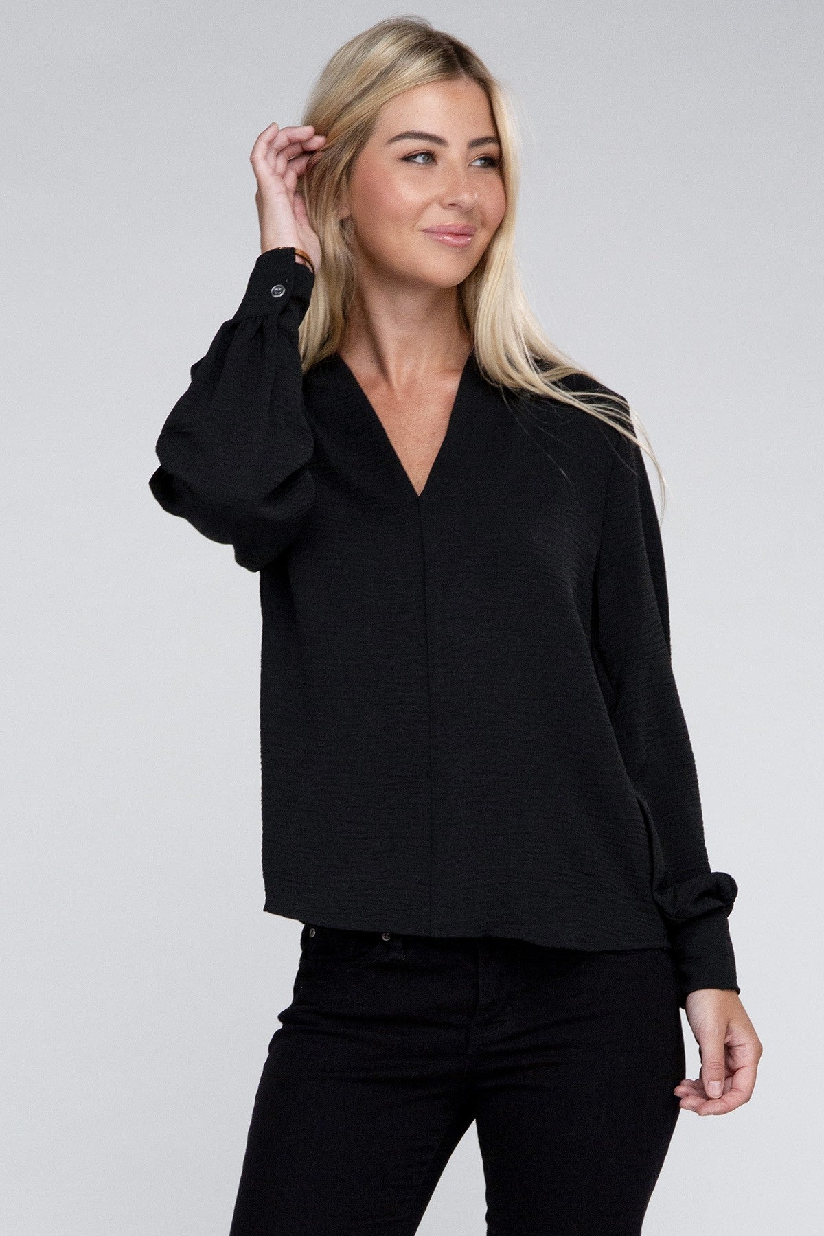 Woven Airflow V-Neck Long Sleeve Top ZENANA