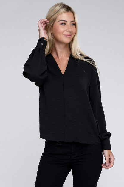 Woven Airflow V-Neck Long Sleeve Top ZENANA