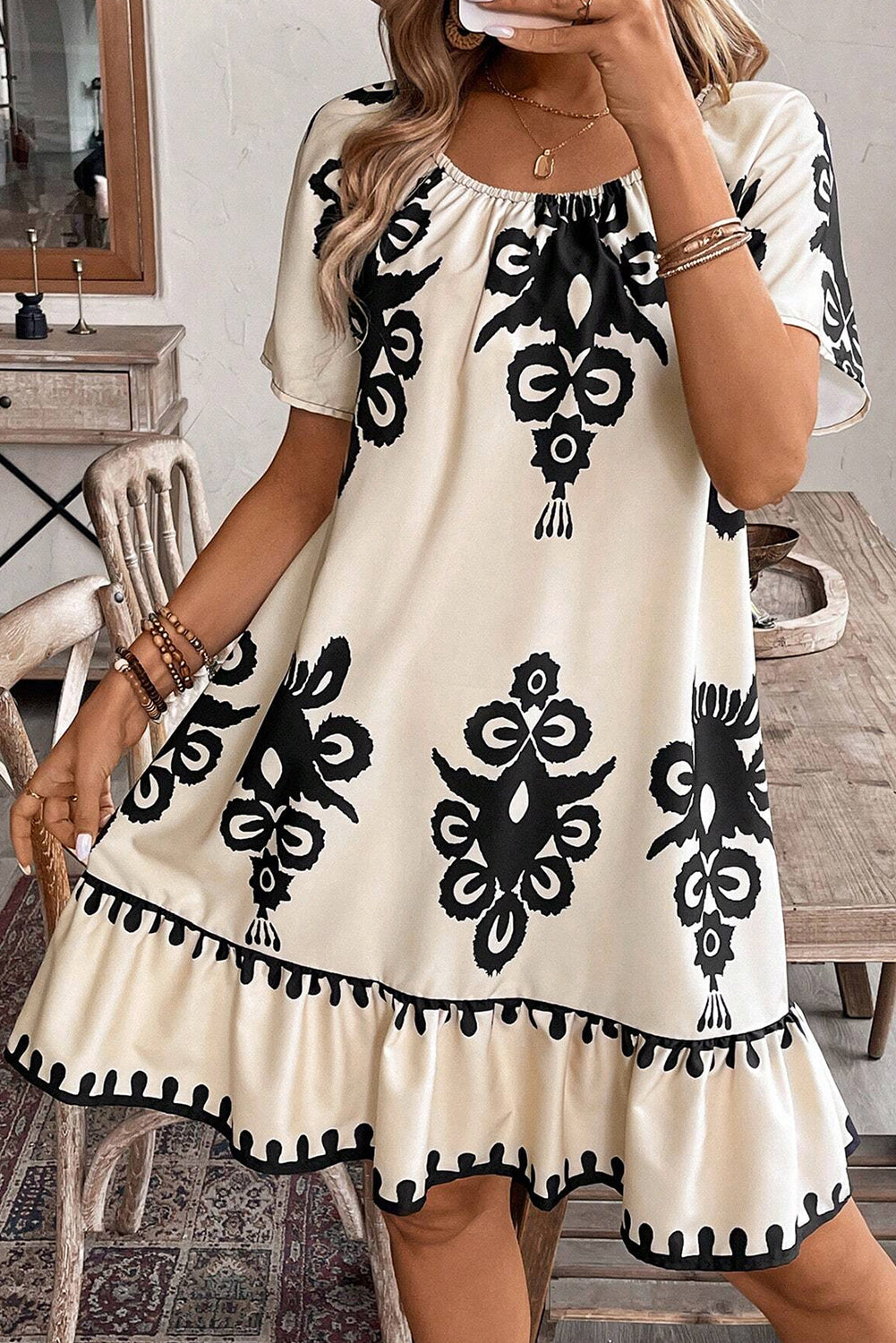 Apricot Ethnic Print Ruffle Hem Loose Mini Dress  DAME BOHEME