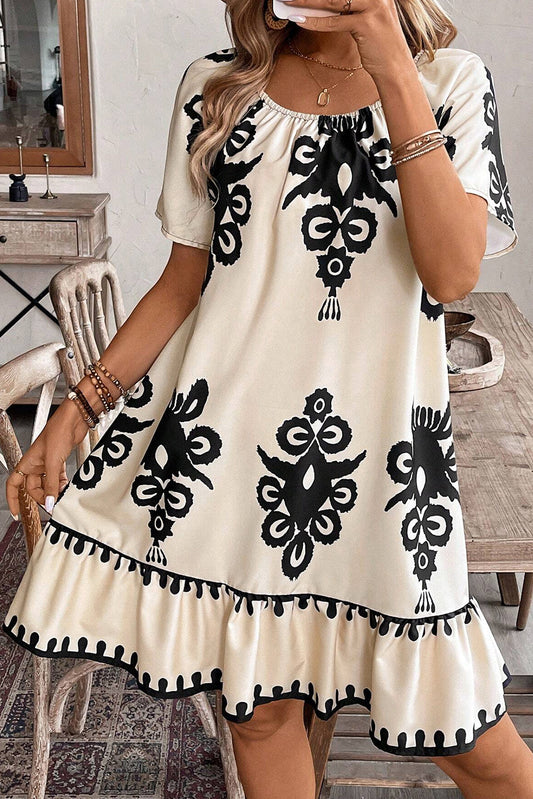 Apricot Ethnic Print Ruffle Hem Loose Mini Dress  DAME BOHEME