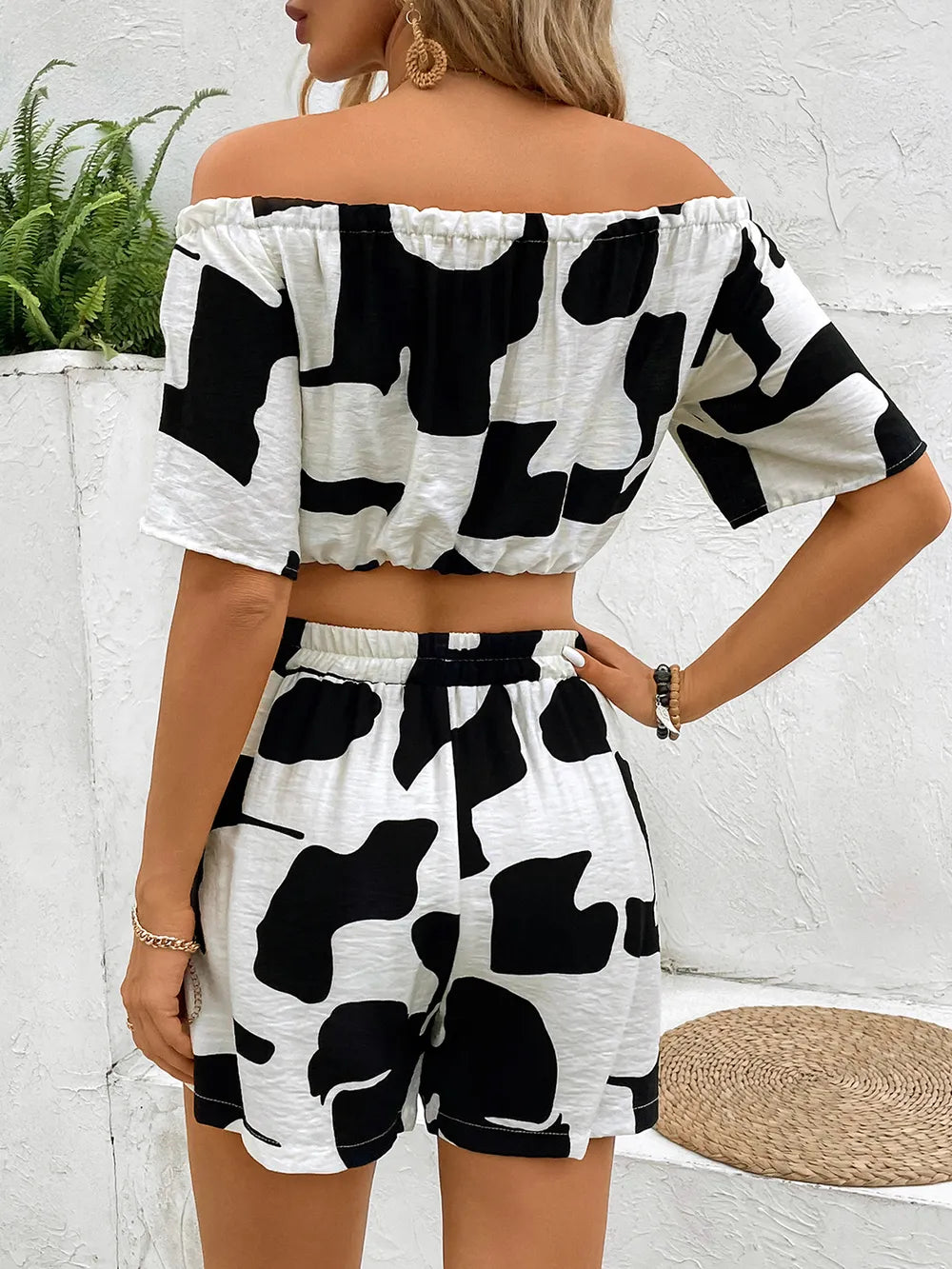 Perfee Drawstring Off-Shoulder Crop Top and Shorts Set Trendsi