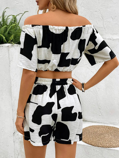 Perfee Drawstring Off-Shoulder Crop Top and Shorts Set Trendsi