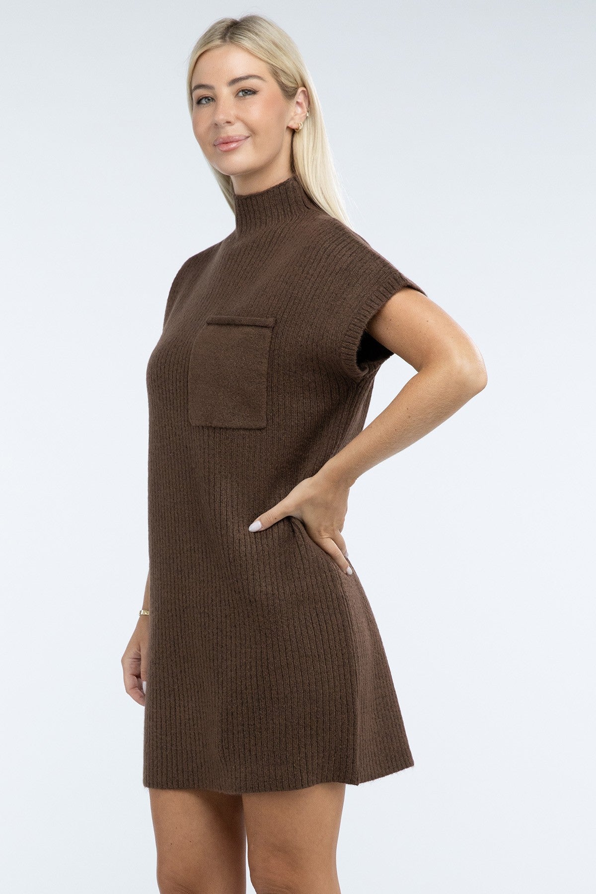 Mock Neck Short Sleeve Sweater Dress with Pocket