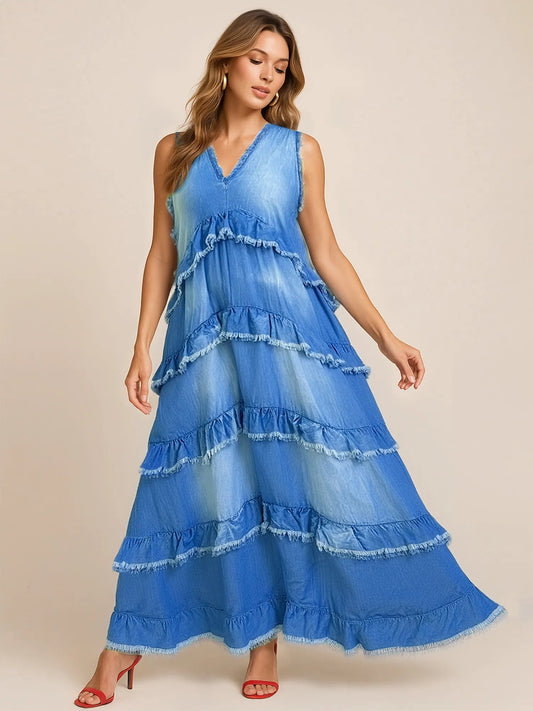 Raw Hem Layered Denim Maxi Dress Plus Size Trendsi