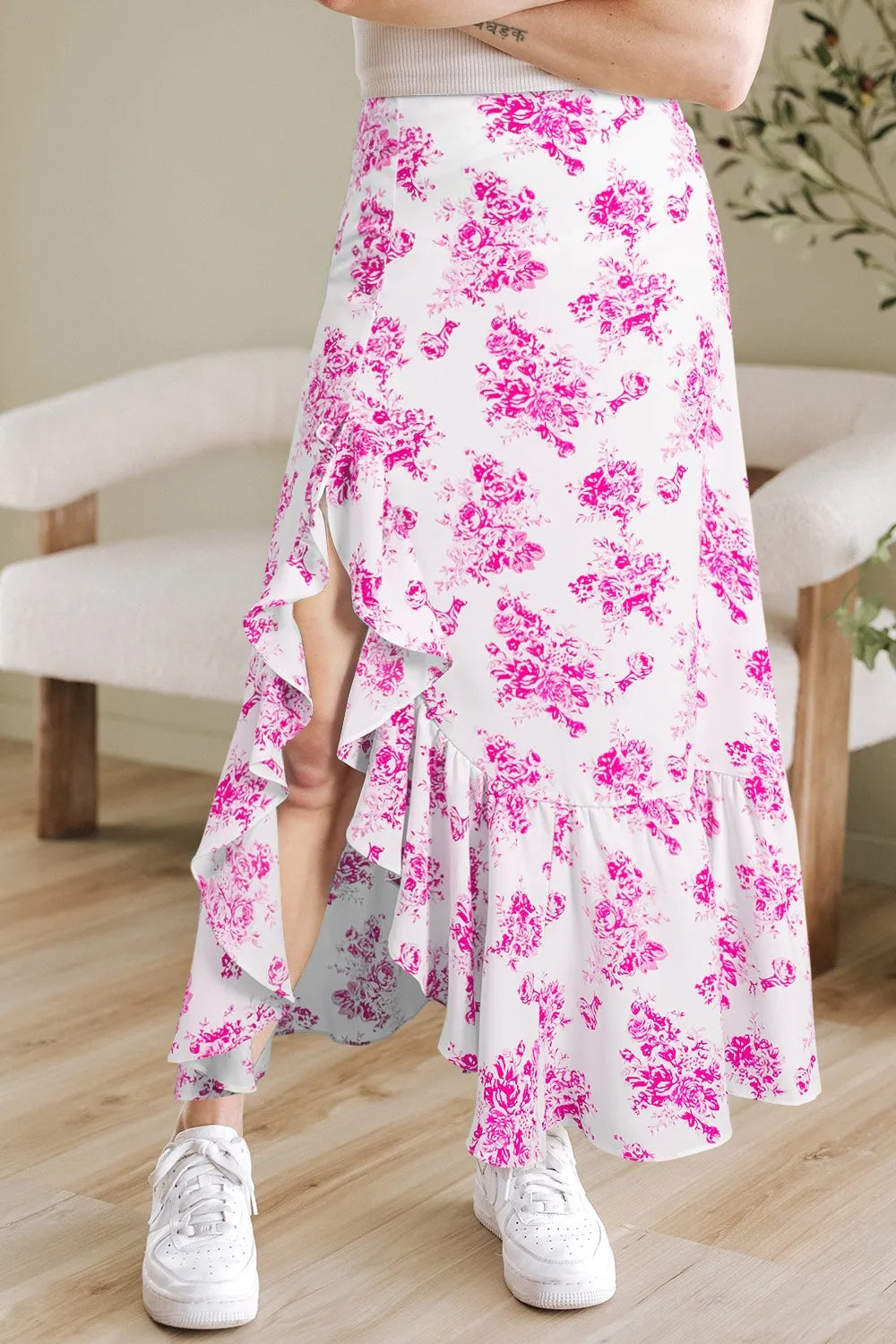Boho Floral High Waist Ruffle Split Maxi Skirt Simply Love