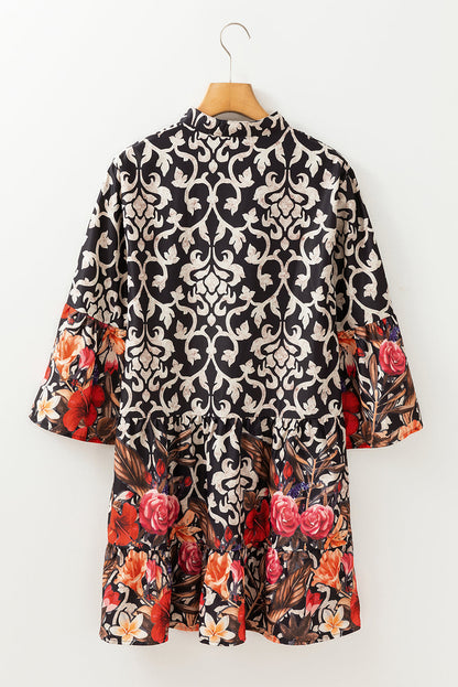 Black Retro Floral Mixed Print Split Neck A-line Dress  DAME BOHEME