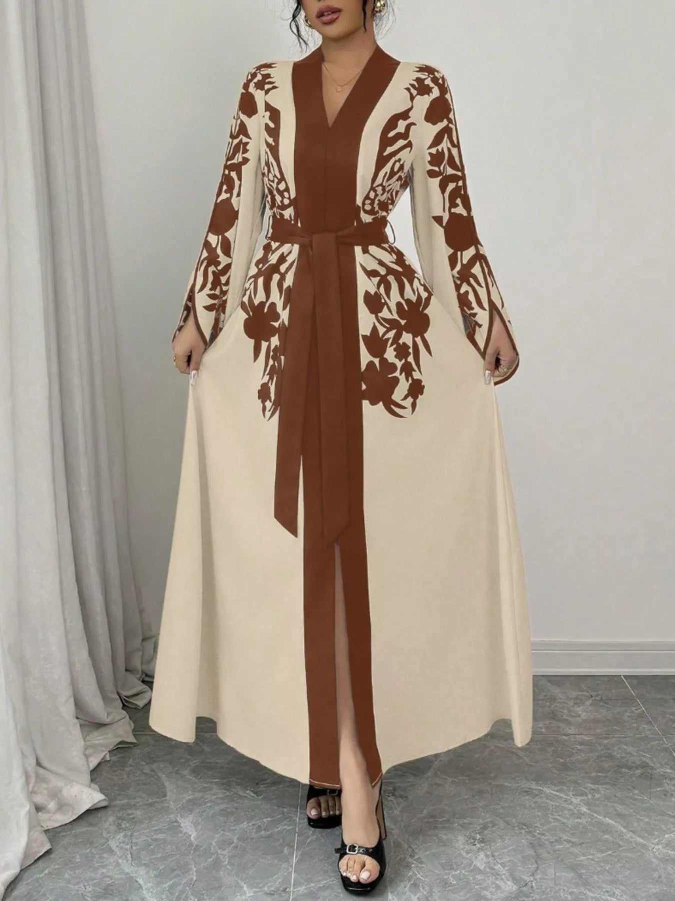 Printed Tie Waist Elegant Maxi Dress