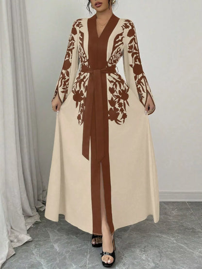 Printed Tie Waist Elegant Maxi Dress