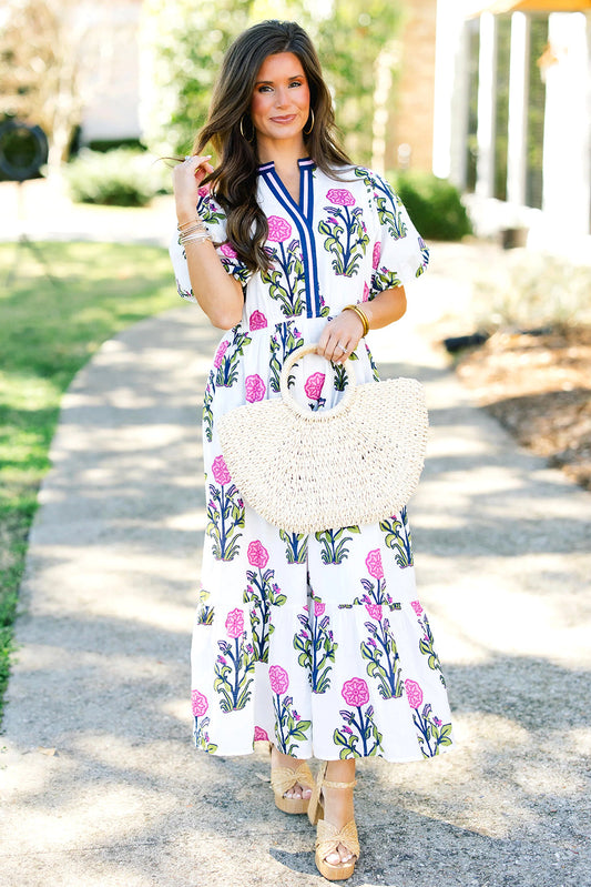 White Floral Puff Short Sleeve V Neck High Waist Maxi Dress  DAME BOHEME
