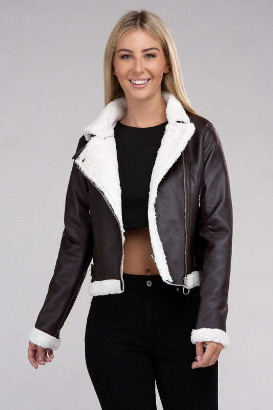 Plush Teddy Trimmed PU Faux Leather Jacket