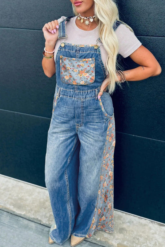 Peacock Blue Floral Patchwork Bib Denim Wide Leg Overalls  DAME BOHEME