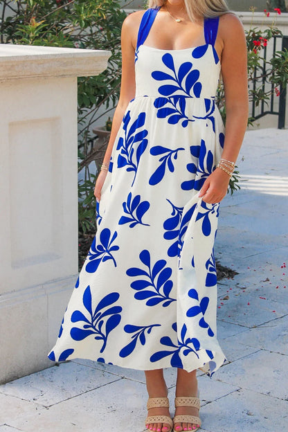 Blue Floral Print Crisscross Tie Back Sleeveless Long Dress  DAME BOHEME