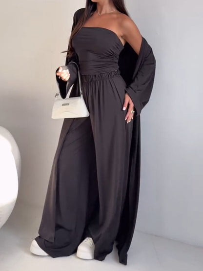 Tube Top, Long Cardigan and Flared Long Pants Three Piece Casual Set  DAME BOHEME