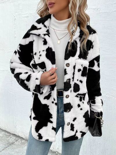 Cow Print Collared Neck Button Up  Jacket  DAME BOHEME
