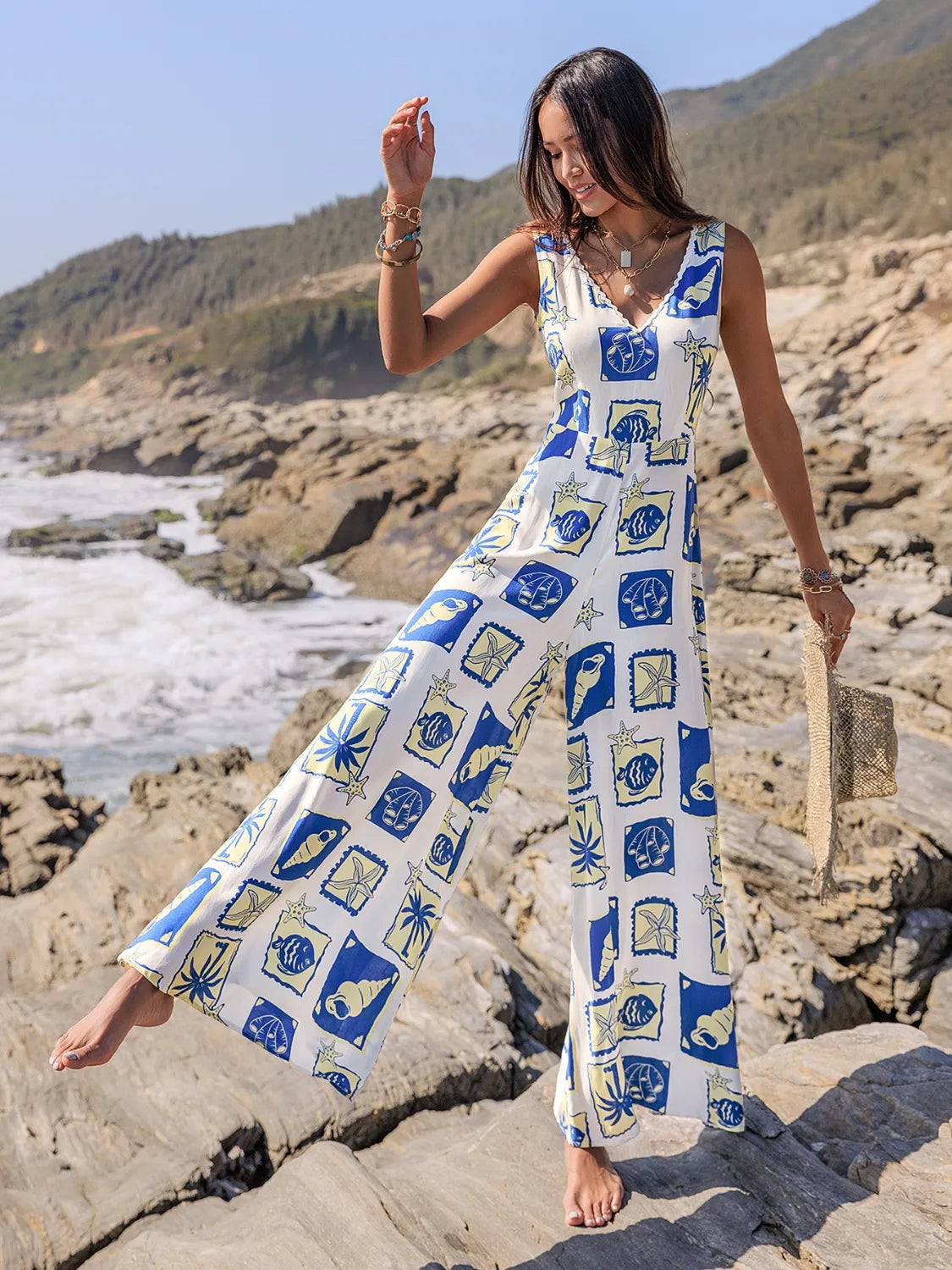 Printed V-Neck Wide Leg Jumpsuit Trendsi